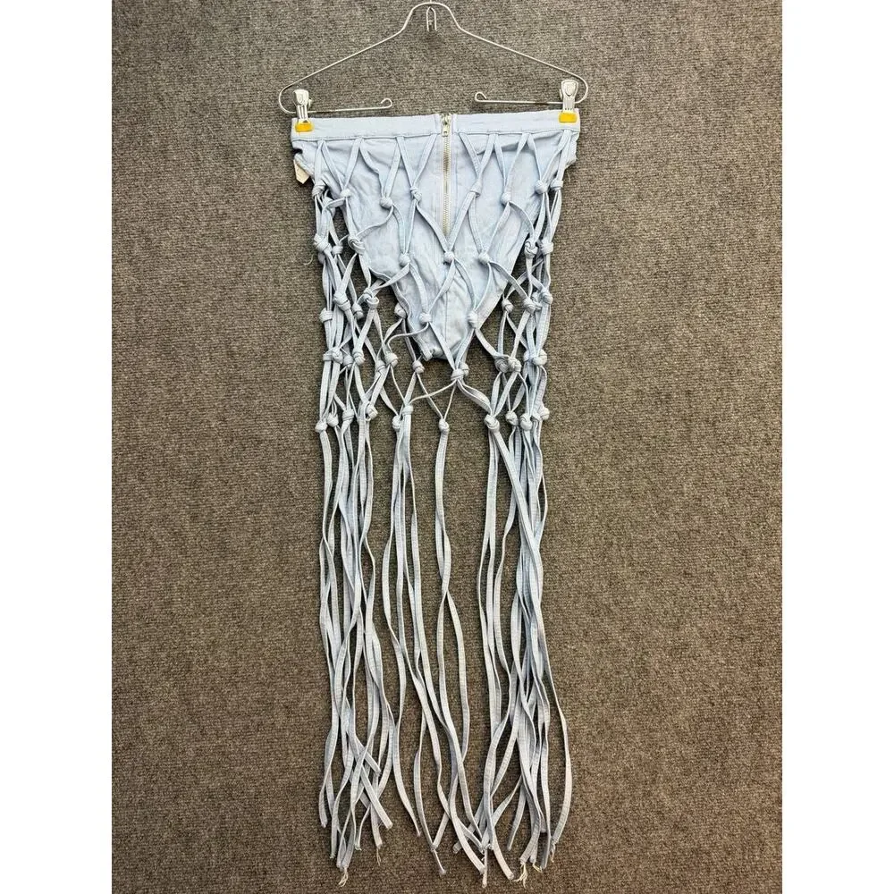 Women's Light Blue Denim Look Fringe Halter Set Size S Boho Festival